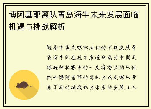 博阿基耶离队青岛海牛未来发展面临机遇与挑战解析