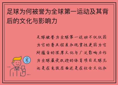 足球为何被誉为全球第一运动及其背后的文化与影响力